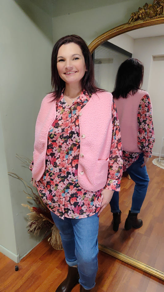 Chemise fleurie longue noir/rose