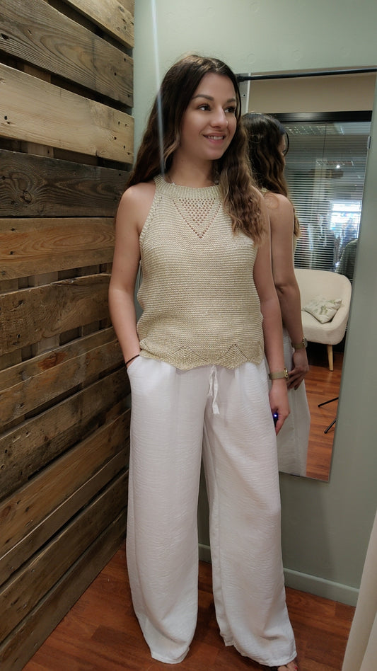 Pantalon large effet lin (blanc ou taupe)