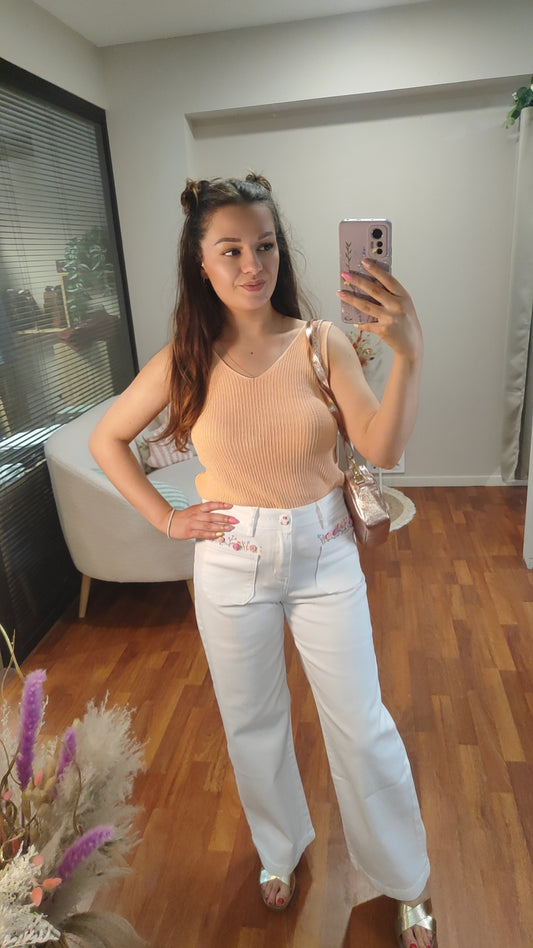 Jean wide leg blanc brodé