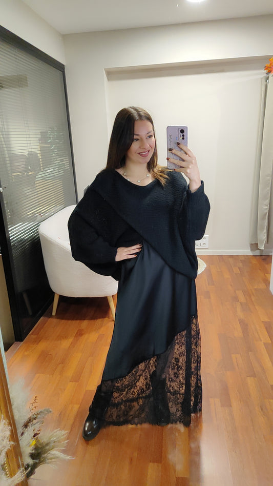 Jupe longue bi-matière satinée et dentelle