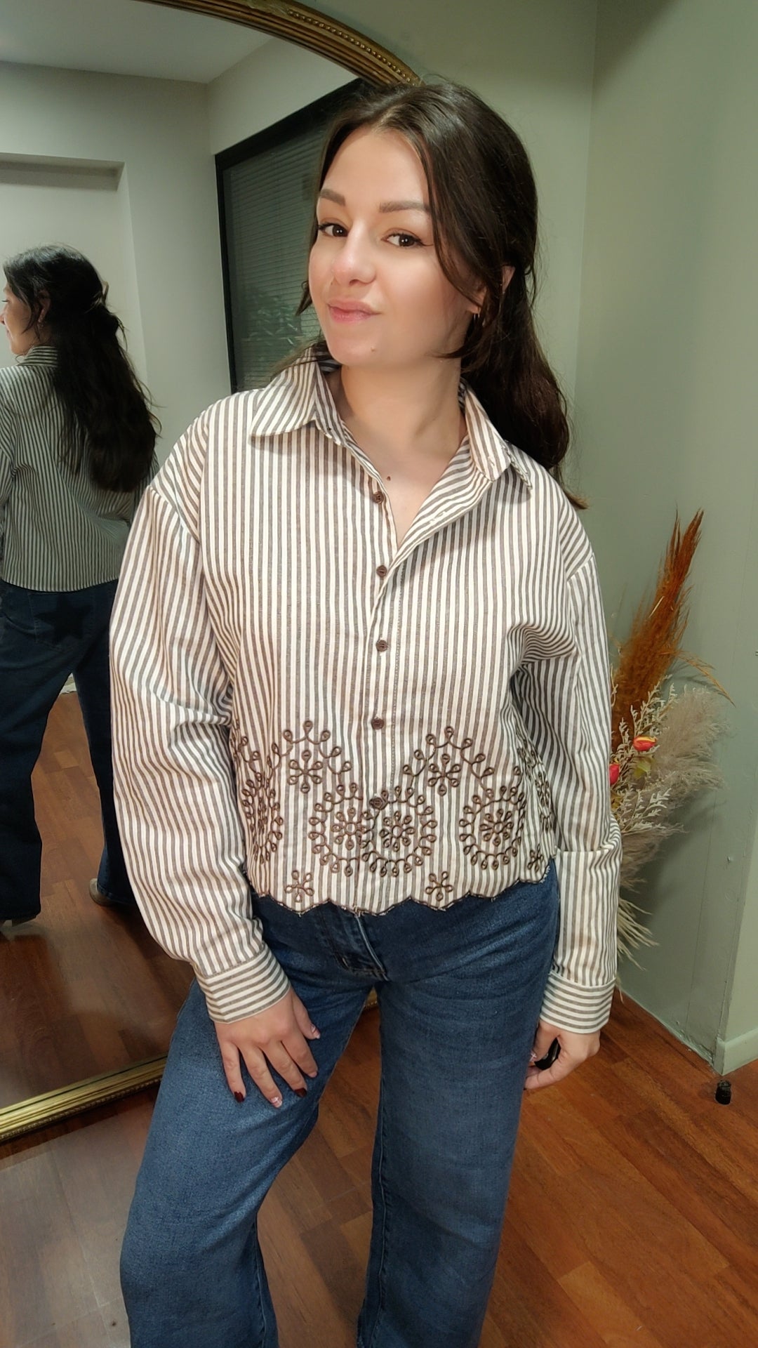 Chemise rayé choco et broderie