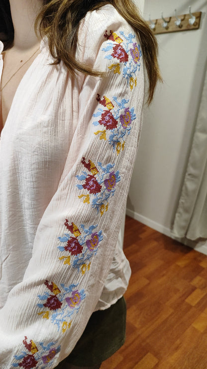 Blouse rose pale broderie manches