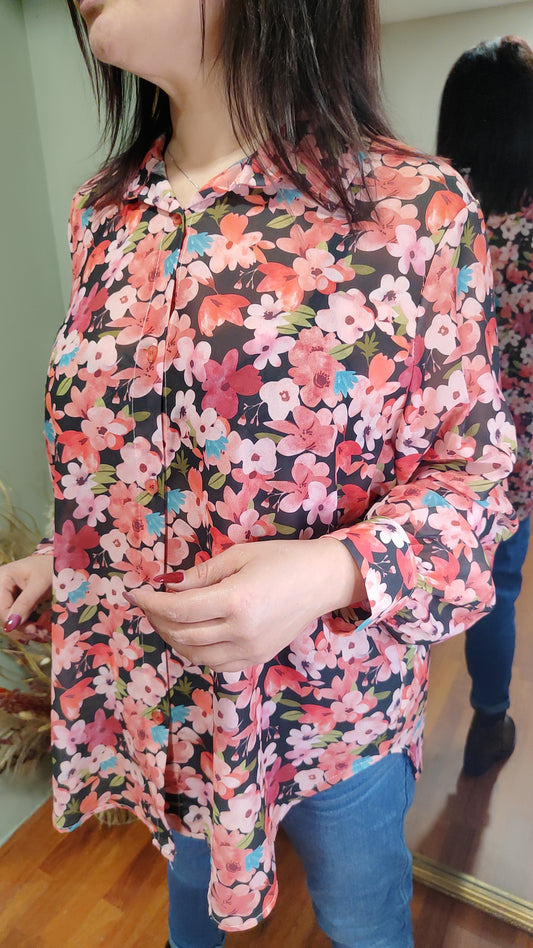 Chemise fleurie longue noir/rose