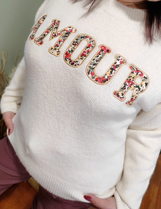 Pull beige AMOUR fleuri