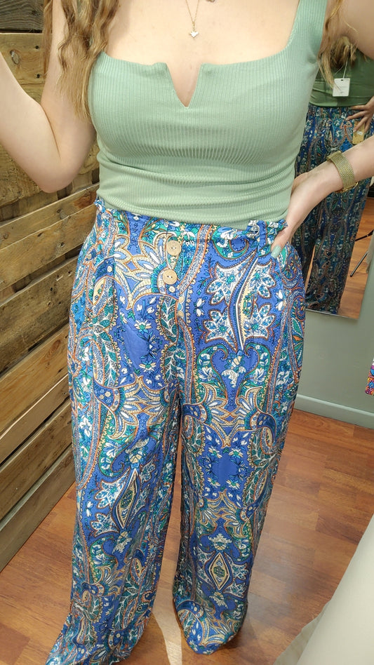 Pantalon fluide bleu bontons bois