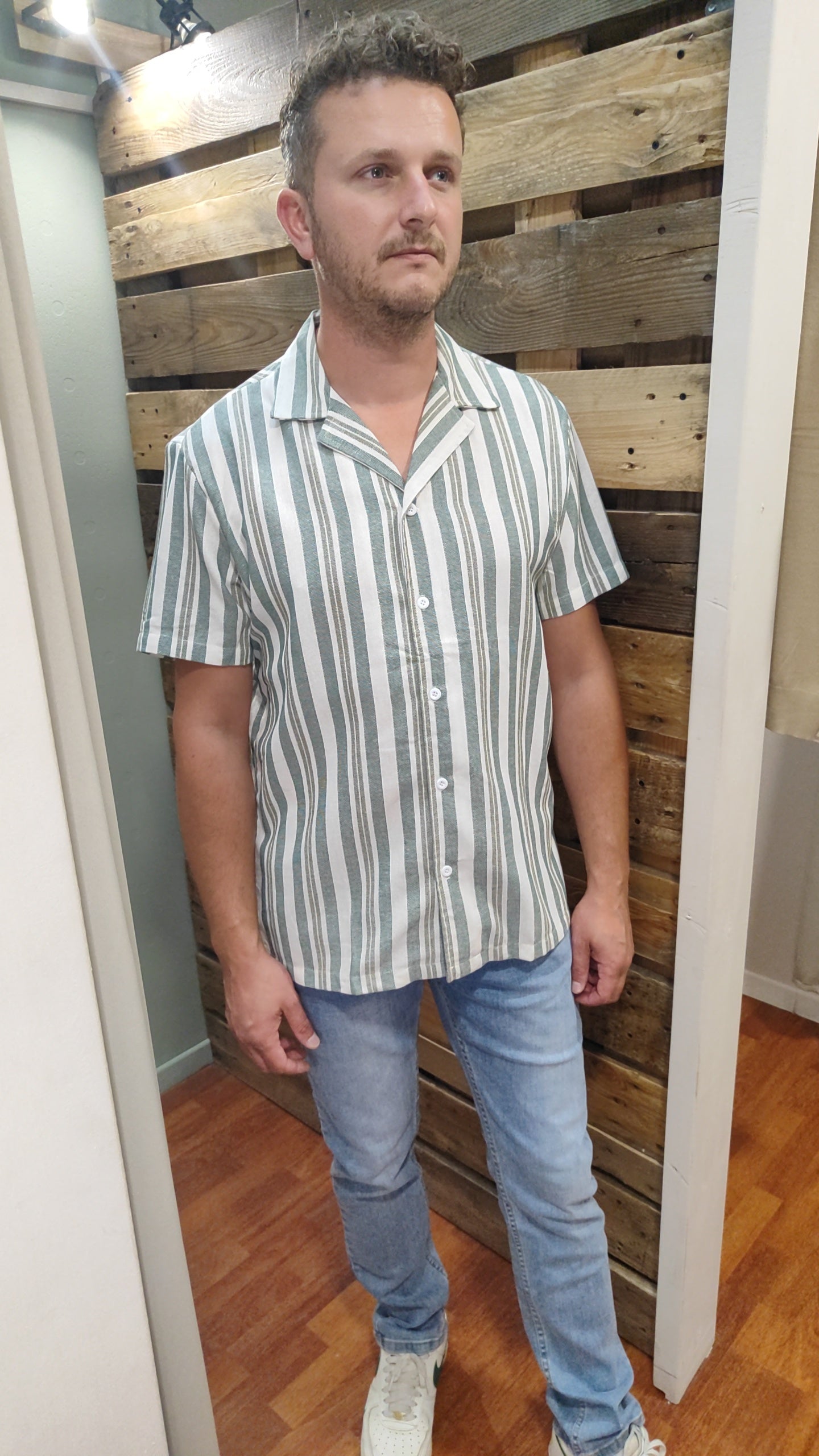 Chemisette coton et lin à rayures sauge