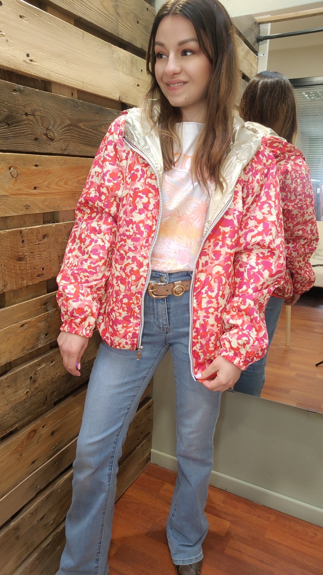 Parka réversible fleurie rose