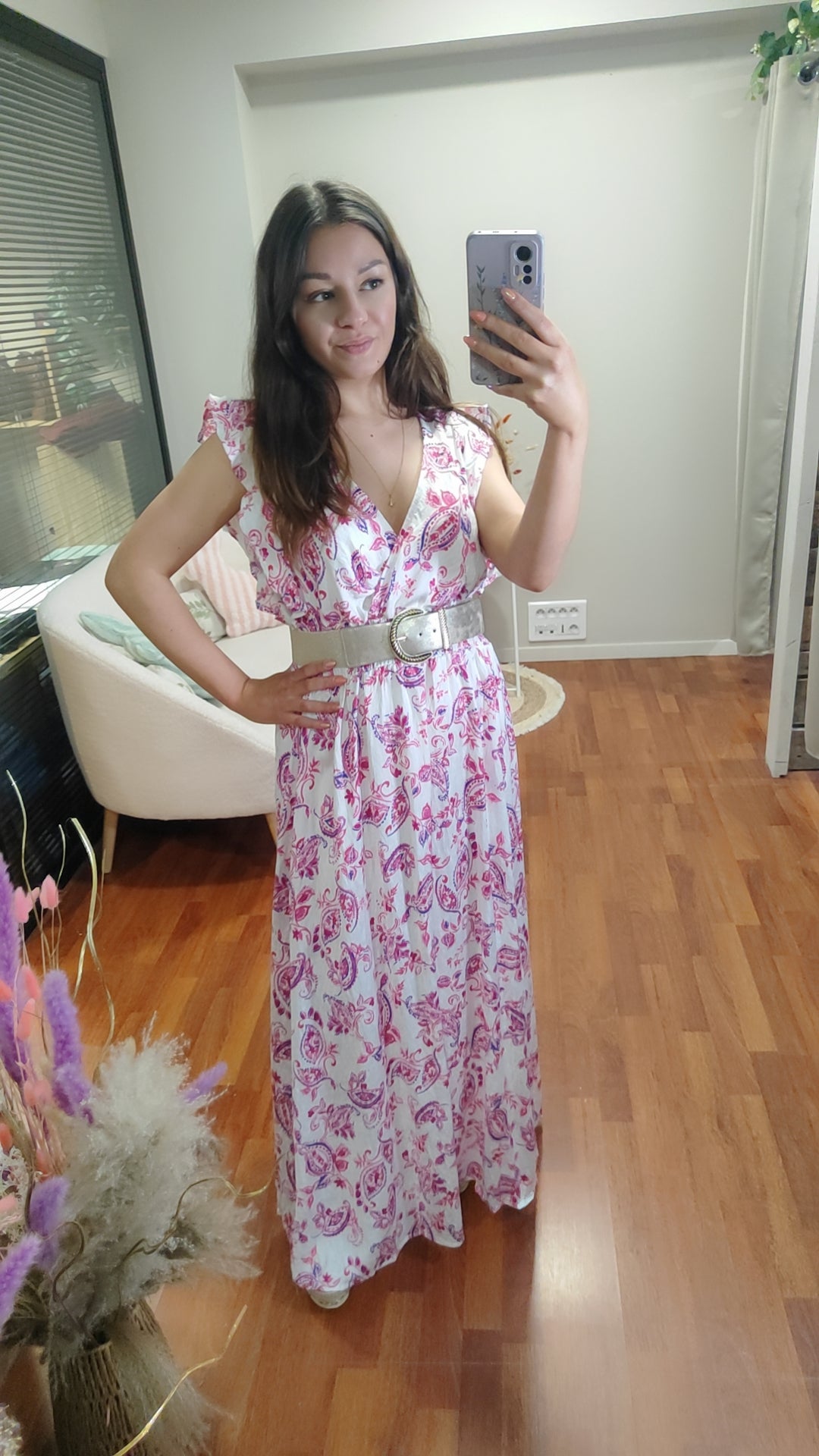 Robe longue blanche et rose