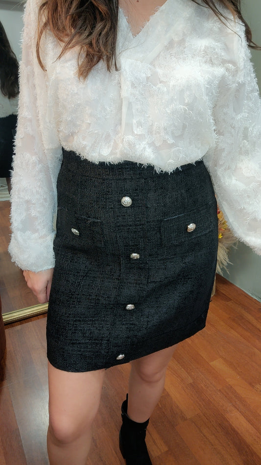 Jupe noir tweed boutons dorés
