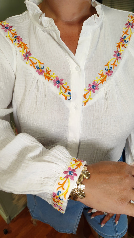 Chemise blanche gaze de coton avec broderie