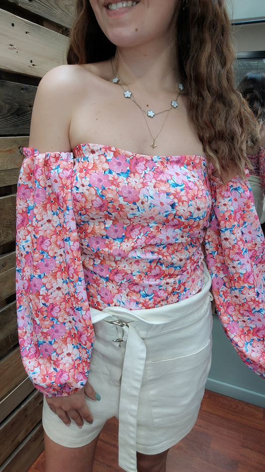 Bustier avec manches fleuri rose