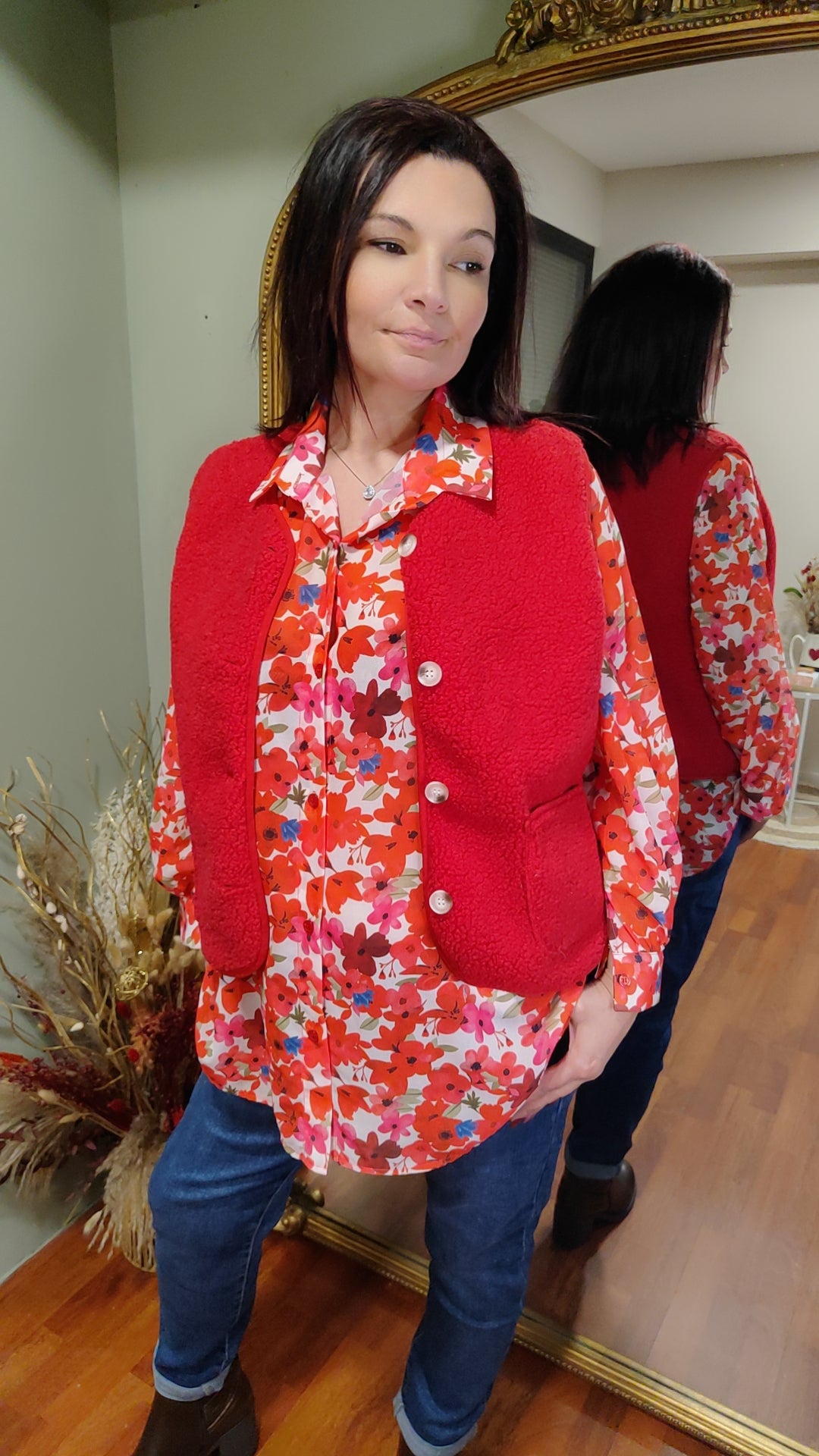 Chemise fleurie longue blanche/rouge