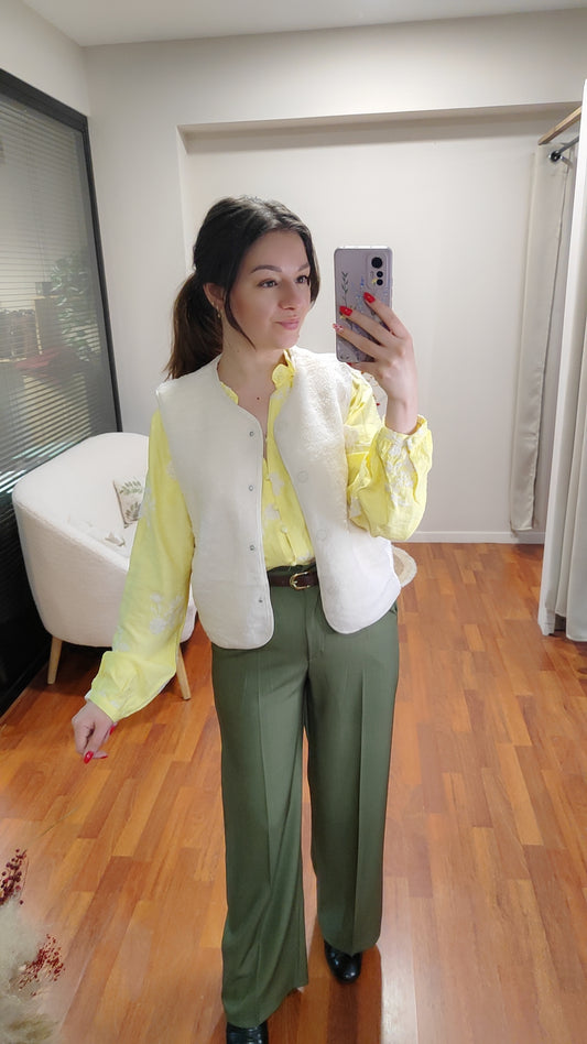 Blouse jaune citron broderie blanche