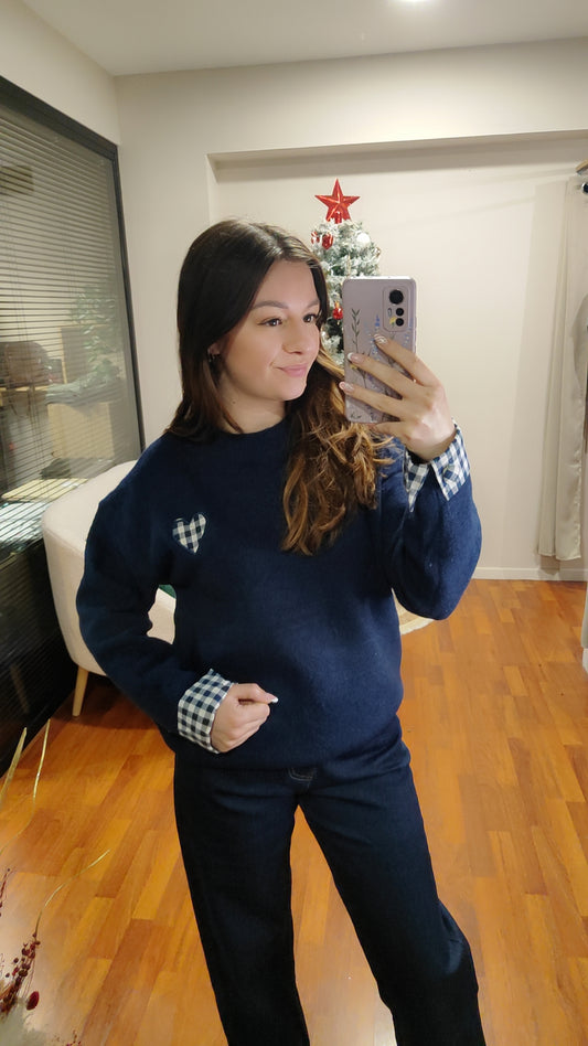 Pull coeur vichy marine