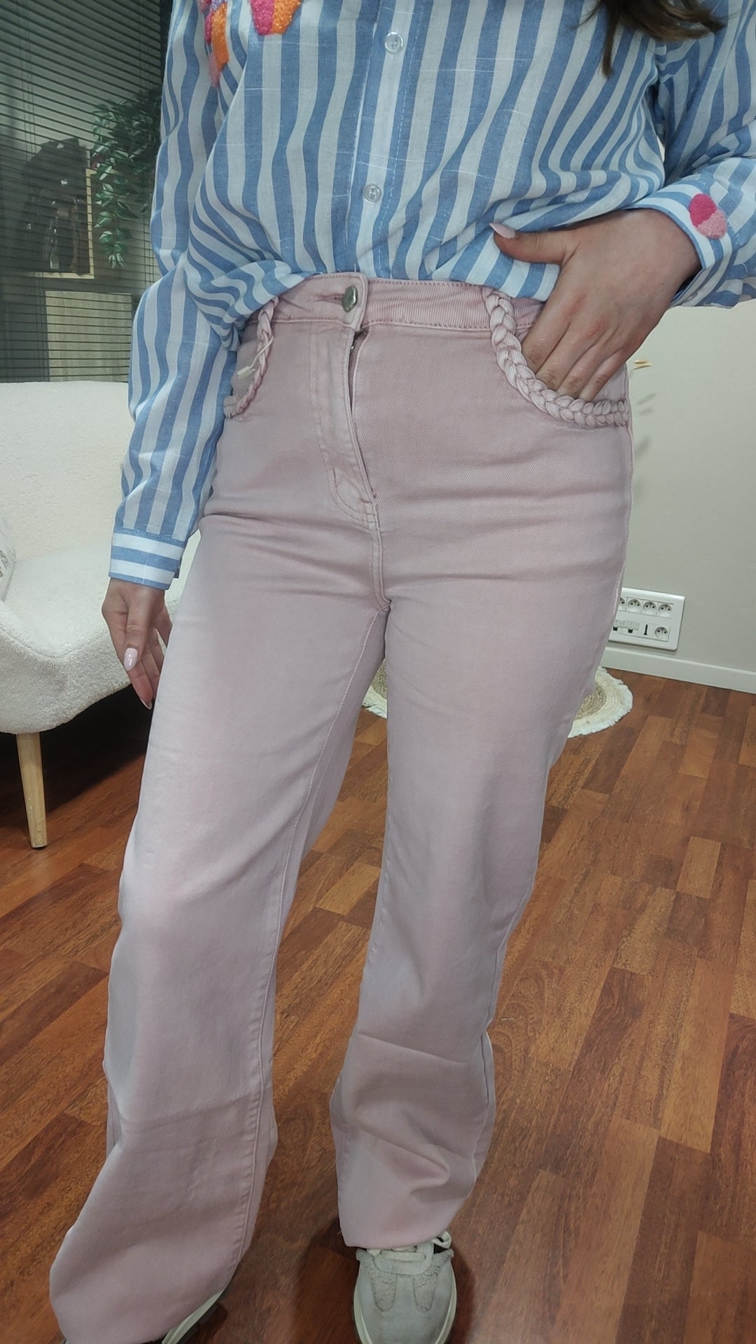 Jean wide leg rose poudrée tressed poche