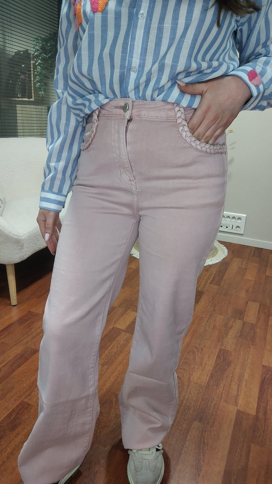 Jean wide leg rose poudrée tressed poche