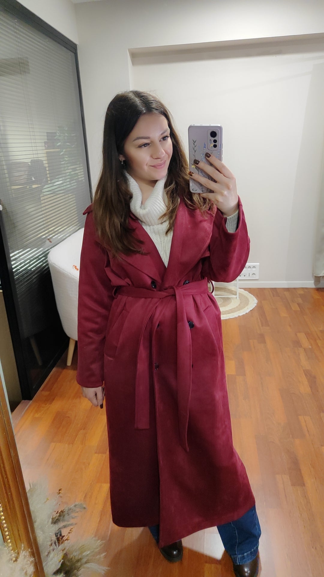 Trench long suédine bordeaux