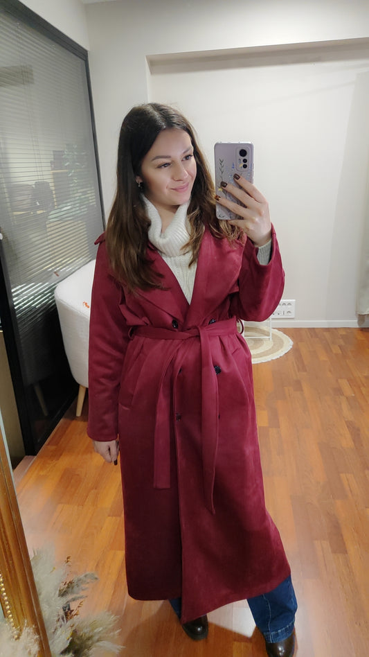 Trench long suédine bordeaux