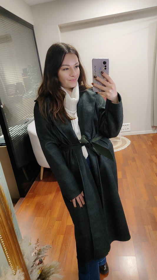 Manteau long à carreaux kaki et noir