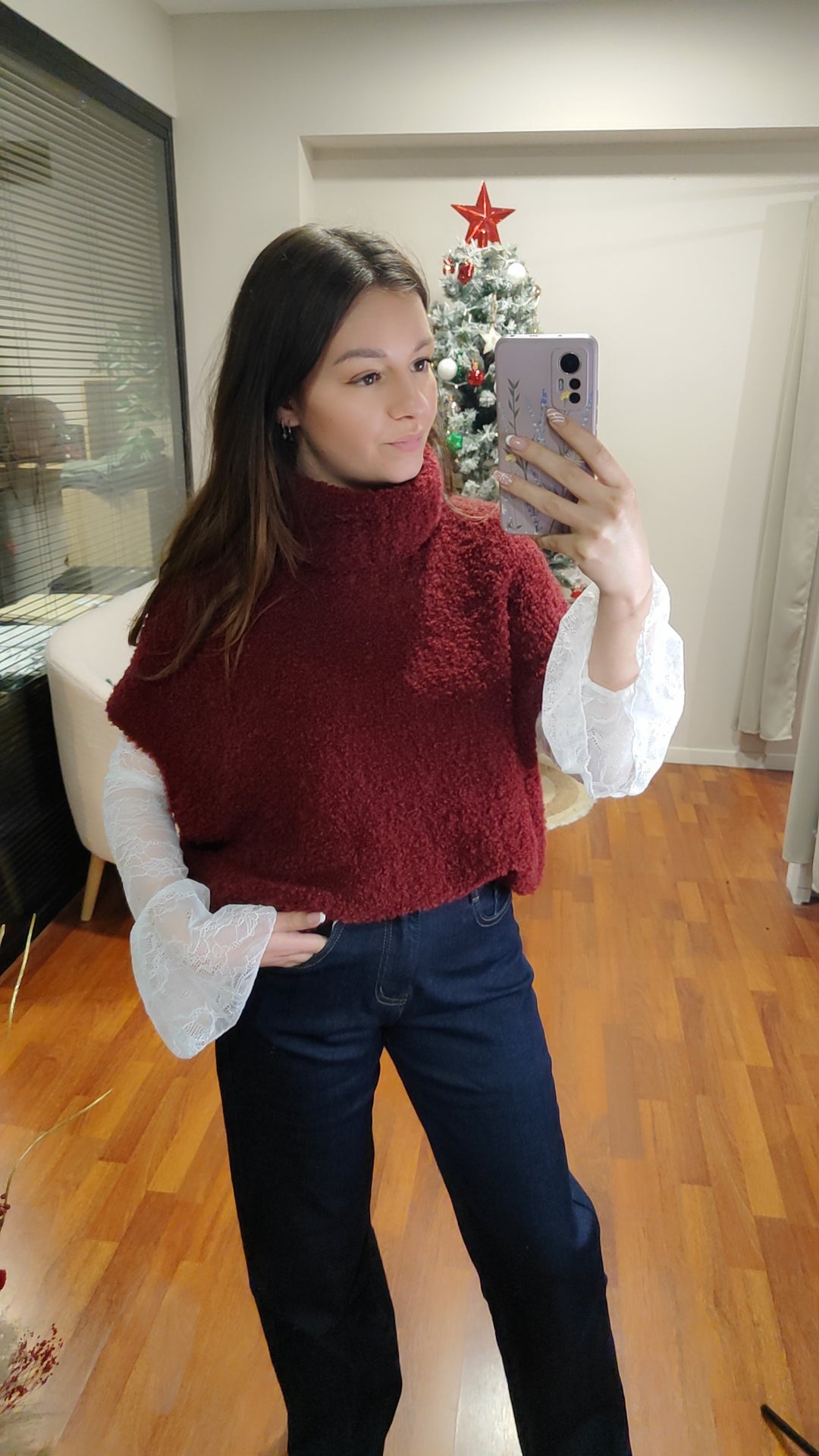 Pull sans manches col roulé bouclette