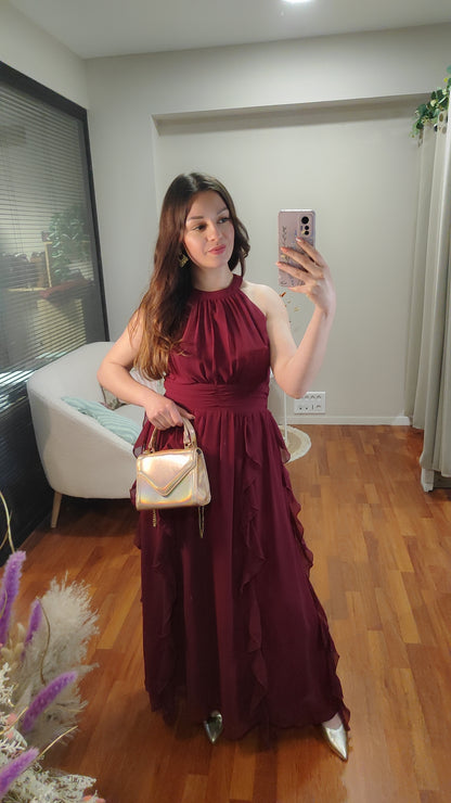 Robe longue cérémonie bordeau à volants