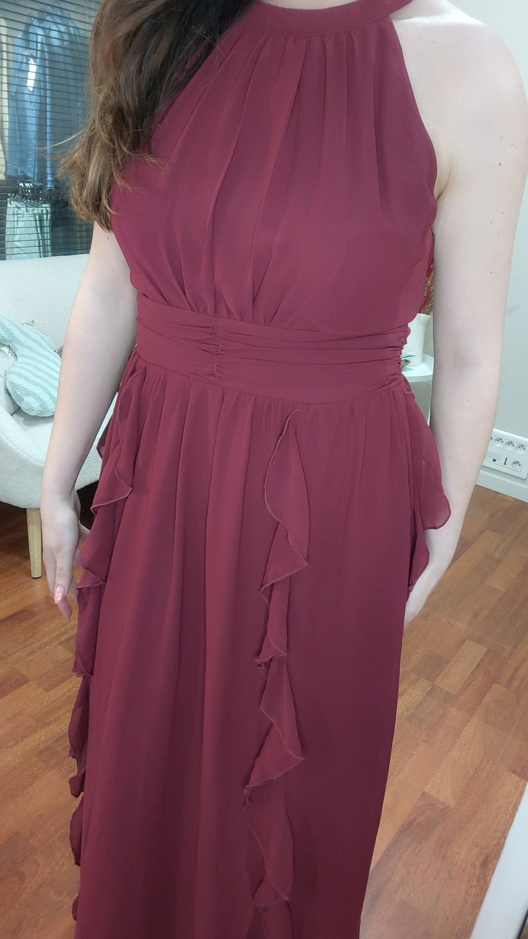 Robe longue cérémonie bordeau à volants