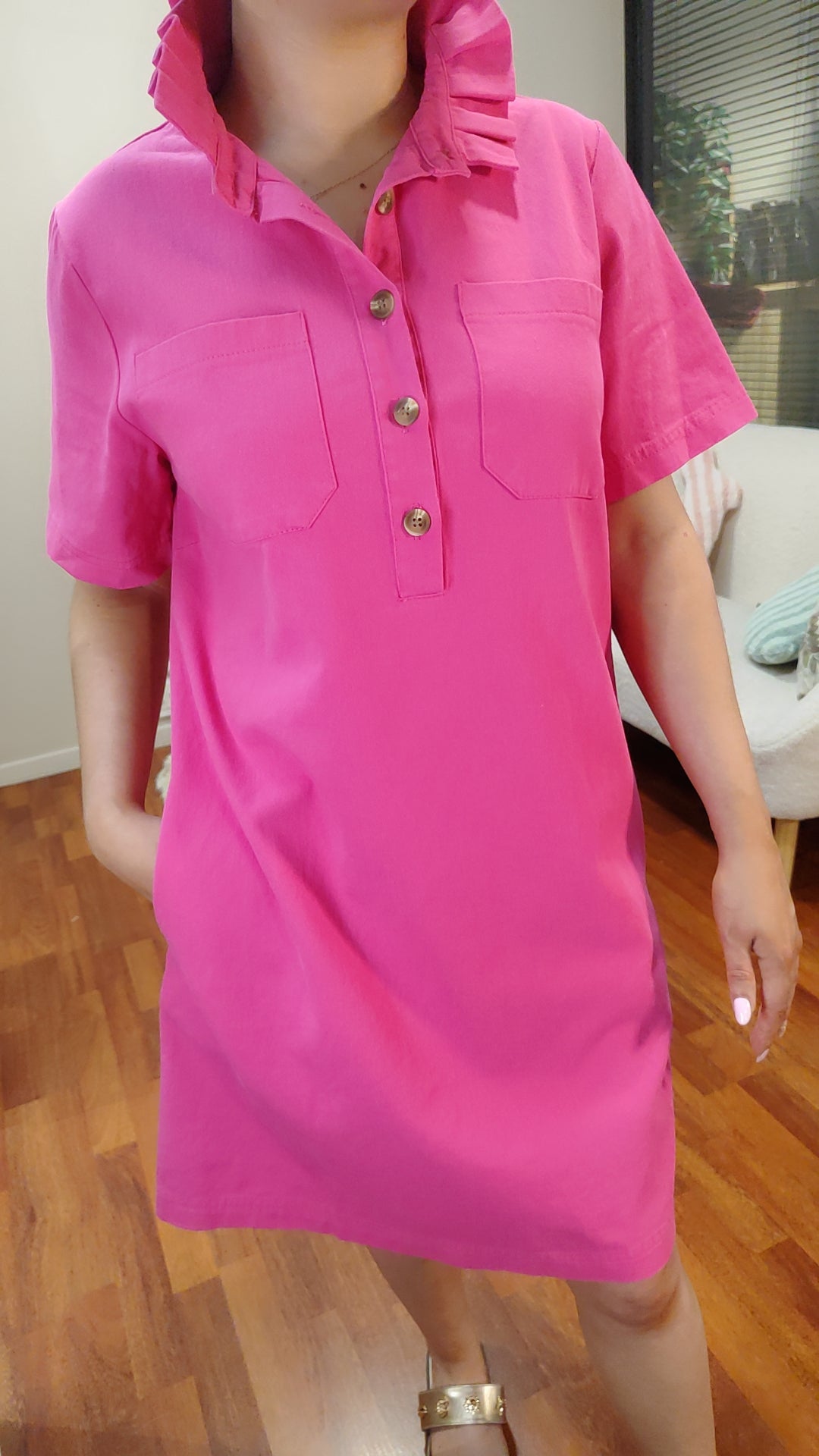 Robe jean fuchsia col victorien