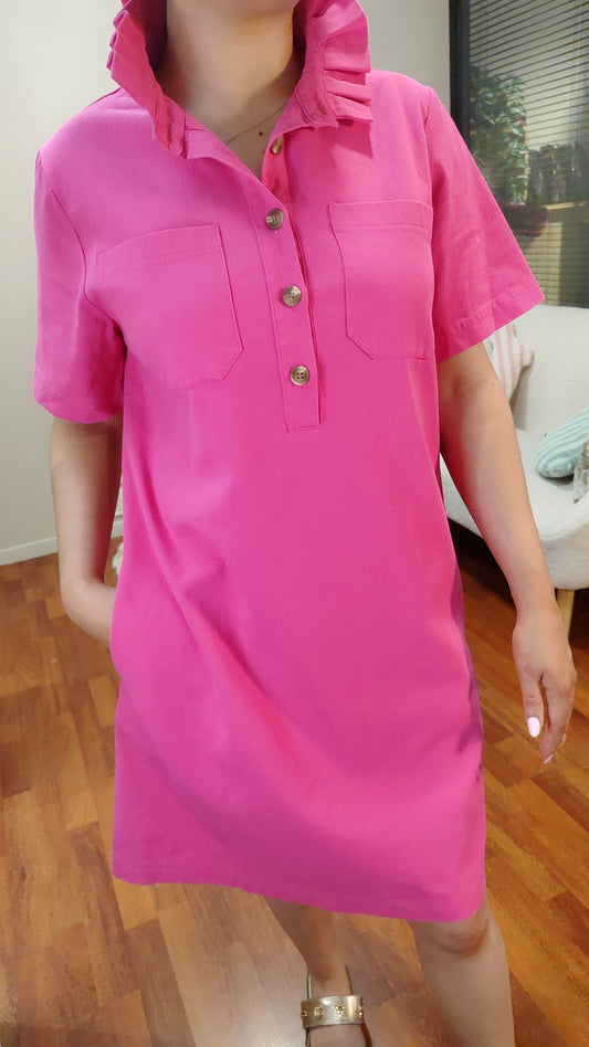Robe jean fuchsia col victorien