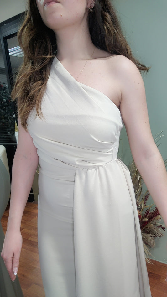 Robe longue drapée beige