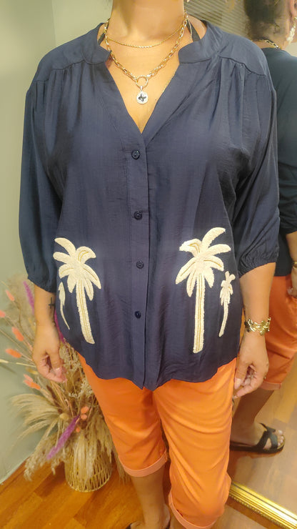 Blouse marine avec palmiers beige