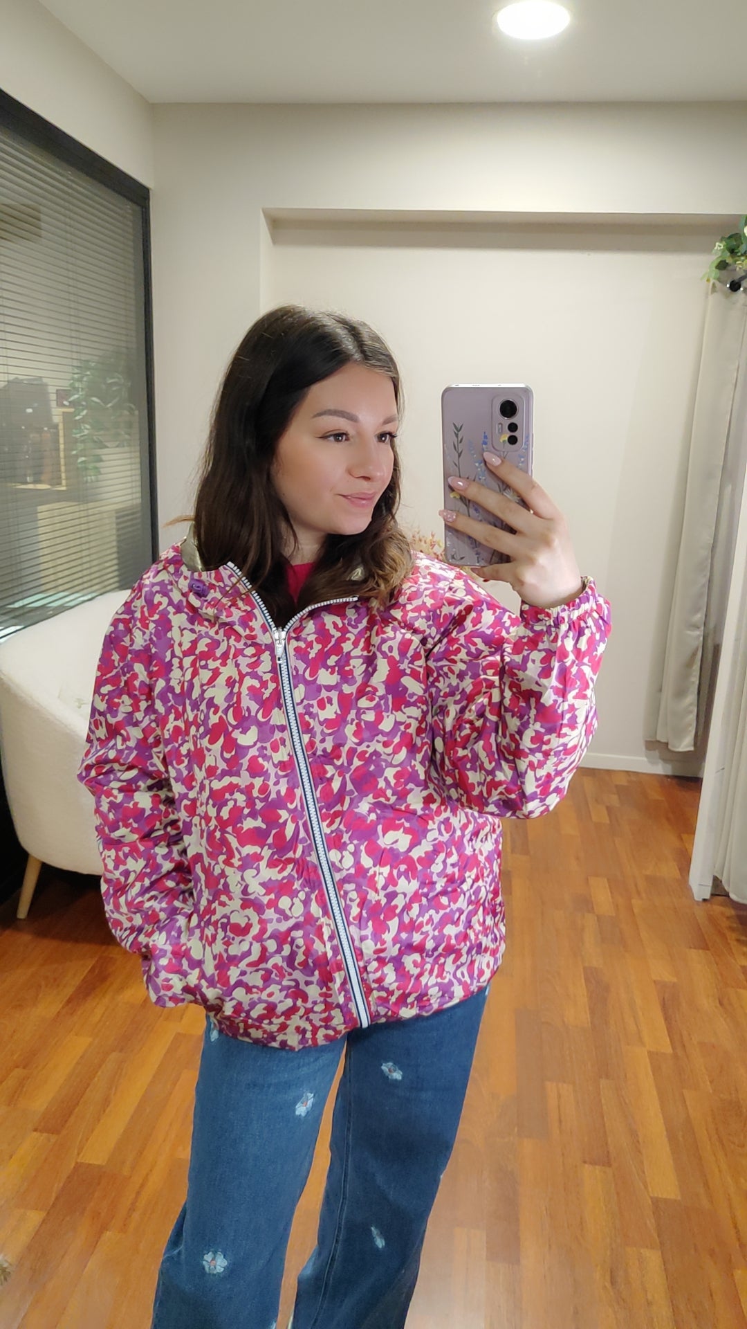 Parka réversible motifs rose-lilas