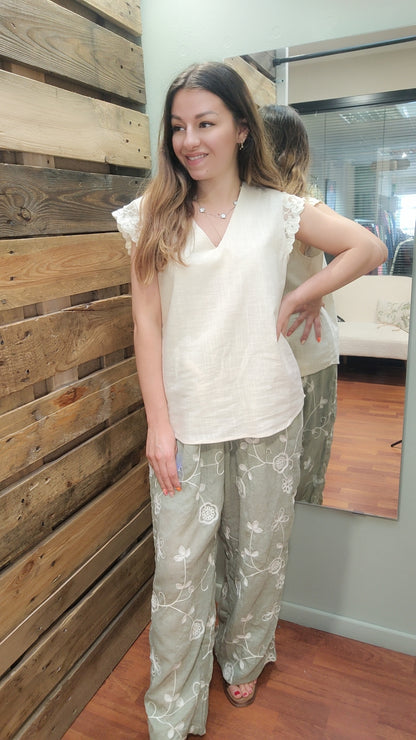 Pantalon kaki broderie beige