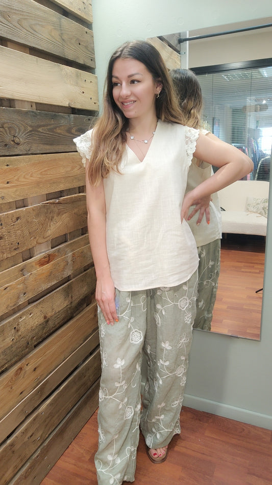 Pantalon kaki broderie beige